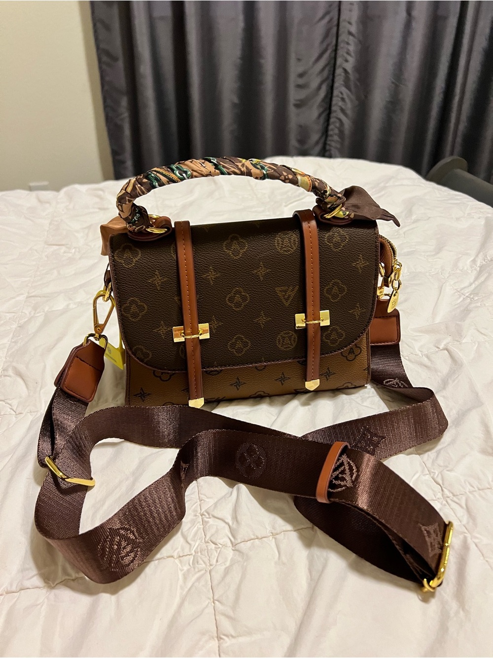 Brown Monogram Crossbody Satchel with Top Handle